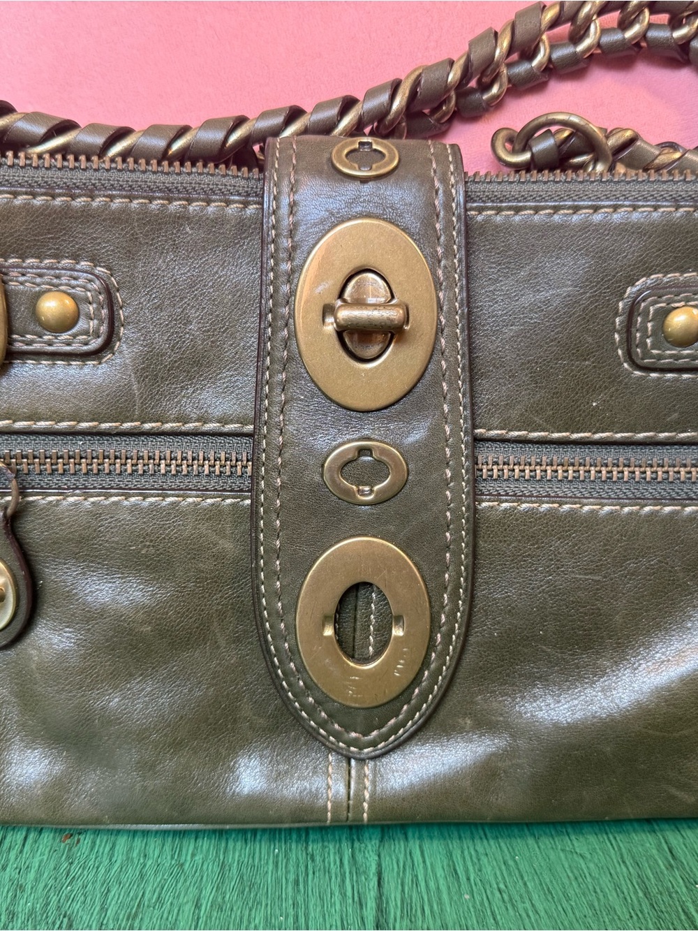 Coach Legacy Series Bridget Leather Bag in Olive Green with Brass Hardware